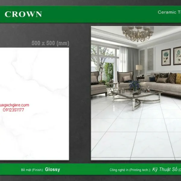 Gạch Men 50x50 Lát Nền Crown Giá Rẻ trắng vân khói CRH5505