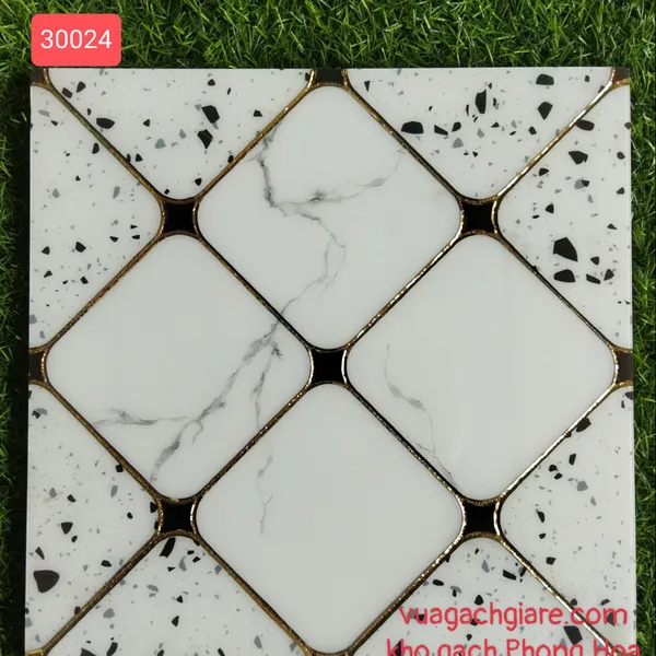 Gạch Trang Trí Khắc Kim 30x30 Trung Quốc trắng khói viền giả hoa cương nhũ vàng 30024
