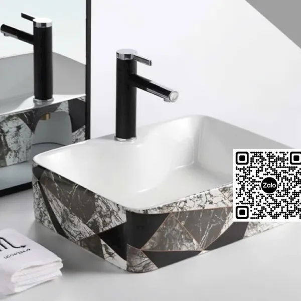 Chậu Lavabo Chữ Nhật Giá Rẻ màu trắng viền đen - nâu