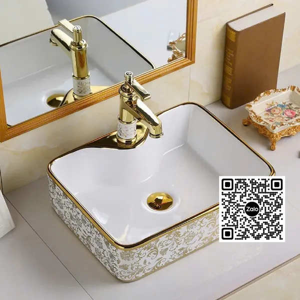 Chậu Lavabo Chữ Nhật Giá Rẻ màu trắng viền đen - nâu