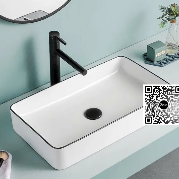 Chậu Lavabo Chữ Nhật Giá Rẻ màu trắng viền đen
