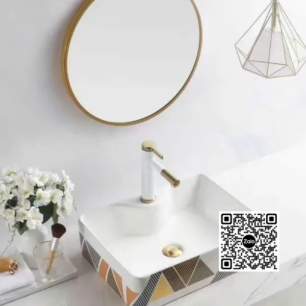 Chậu Lavabo Chữ Nhật Giá Rẻ màu trắng viền đen - nâu