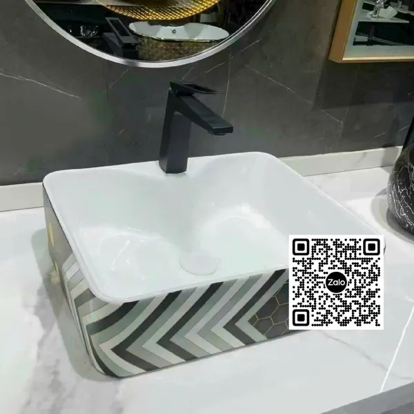 Chậu Lavabo Chữ Nhật Giá Rẻ màu trắng viền đen - nâu
