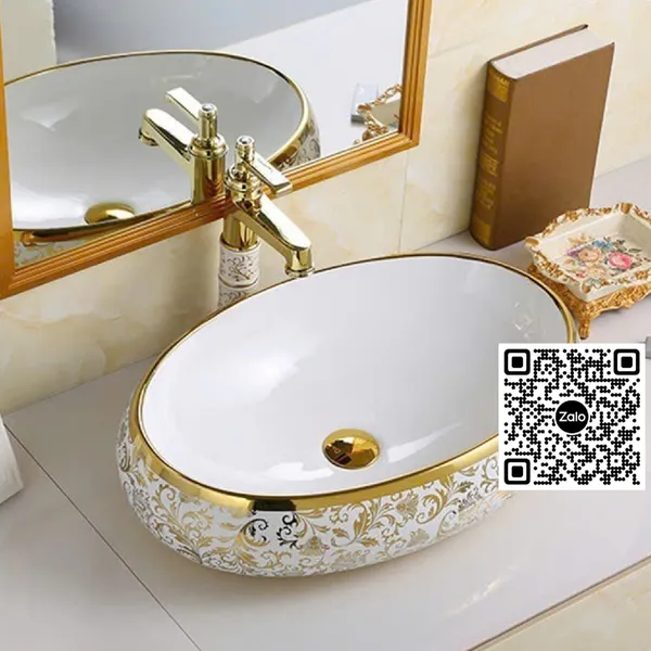 Chậu Lavabo Oval Giá Rẻ màu trắng viền chỉ vàng