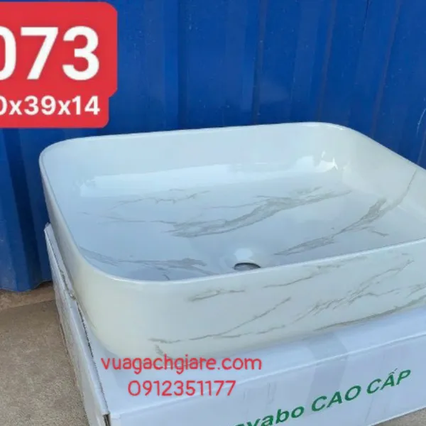Chậu Lavabo Chữ Nhật Giá Rẻ trắng viền vàng