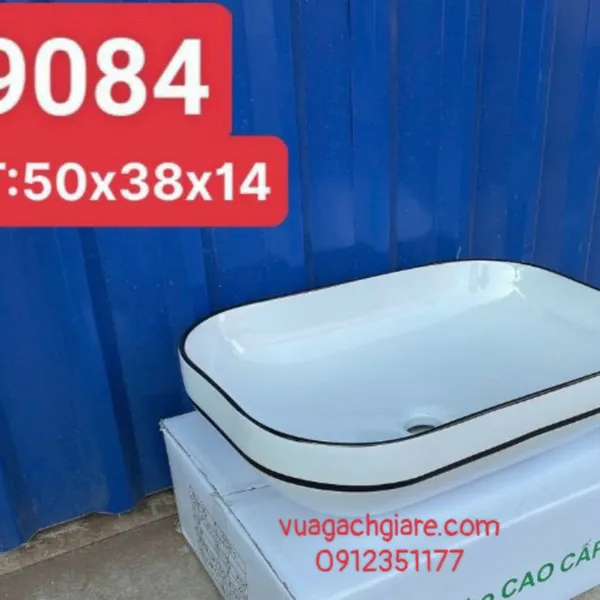 Chậu Lavabo Chữ Nhật Giá Rẻ trắng viền vàng