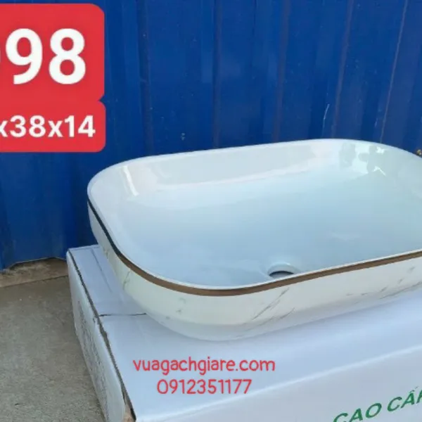 Chậu Lavabo Chữ Nhật Giá Rẻ trắng viền vàng
