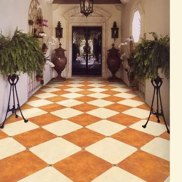 Gạch Đá Mờ 60x60 Ốp Lát Giả Cổ màu cam loang nhấn hoa văn 4 góc