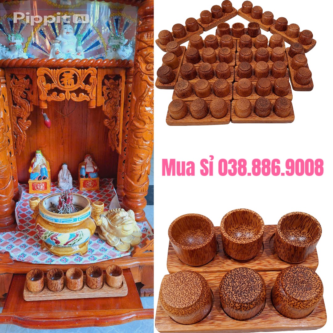 Bộ ly thờ Thần Tài Ông Địa gỗ dừa 3 CHUNG Bộ ly thờ Thần Tài Ông Địa gỗ dừa 3 CHUNG