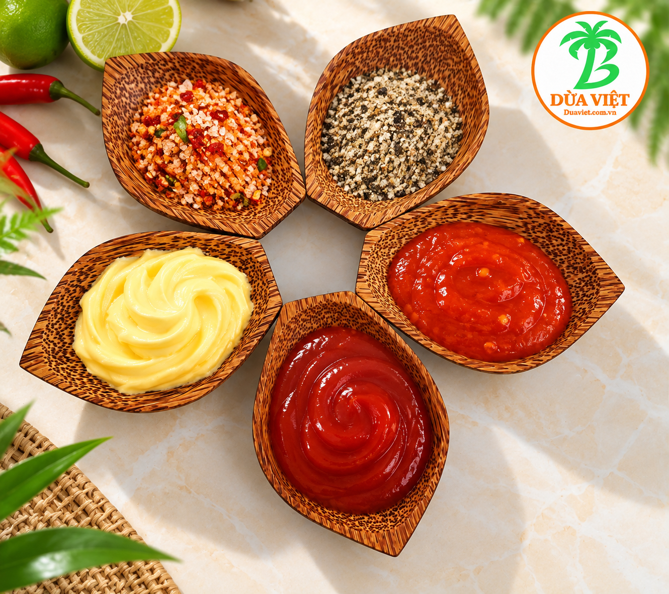 Dĩa gỗ dừa hình cánh hoa đựng gia vị