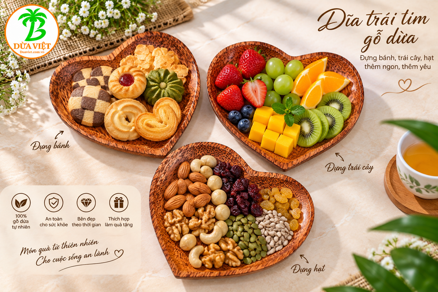 Dĩa trái tim gỗ dừa