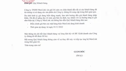 Thông báo về việc điều chỉnh giá sản phẩm từ ngày 01/11/2022