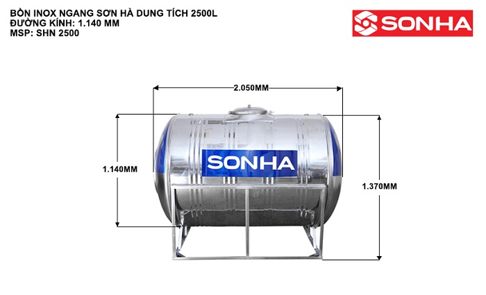 Kích thước Bồn nước inox Sơn Hà 2500L ngang Kích thước Bồn nước inox Sơn Hà 2500L ngang