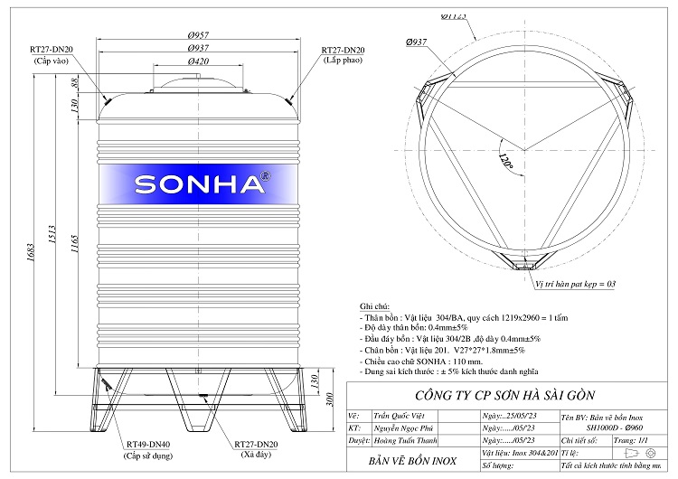 Kích thước Bồn nước inox 1,000L Sơn Hà Đứng Kích thước Bồn nước inox 1,000L Sơn Hà Đứng
