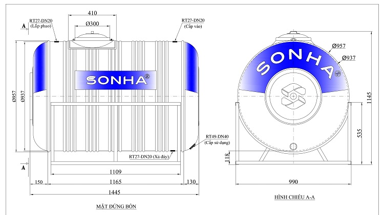 Kích thước Bồn nước inox 1,000L Sơn Hà Ngang Kích thước Bồn nước inox 1,000L Sơn Hà Ngang