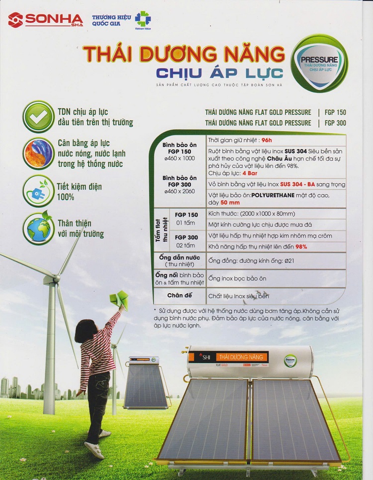 Thông số Máy nước nóng mặt trời Sơn Hà dạng tấm phẳng - Chịu áp Thông số Máy nước nóng mặt trời Sơn Hà dạng tấm phẳng - Chịu áp