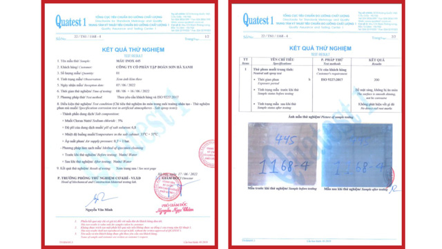 Kết quả thử nghiệm chống ăn mòn của vật liệu STS 445NF tại Trung tâm đo lường chất lượng 1-Quatest Kết quả thử nghiệm chống ăn mòn của vật liệu STS 445NF tại Trung tâm đo lường chất lượng 1-Quatest