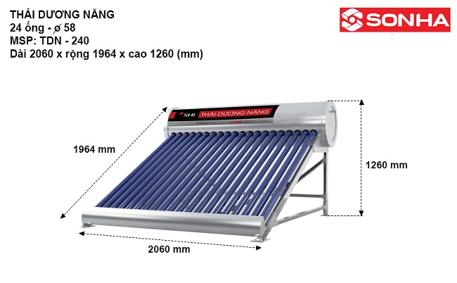 Kích thước Máy nước nóng mặt trời Sơn Hà 240 lít Kích thước Máy nước nóng mặt trời Sơn Hà 240 lít