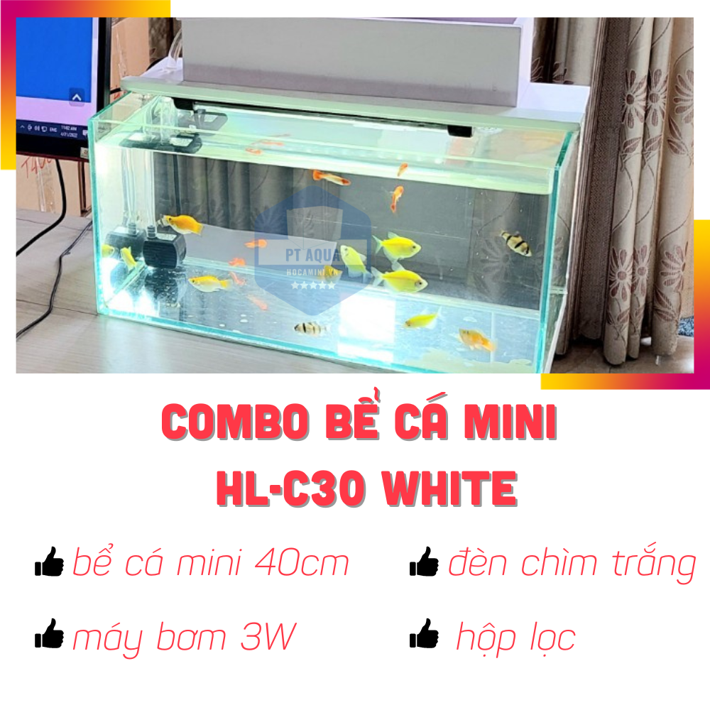 Hồ cá mini 40cm Full COMBO máy bơm hộp lọc đèn hồ cá HL-C30 WHITE
