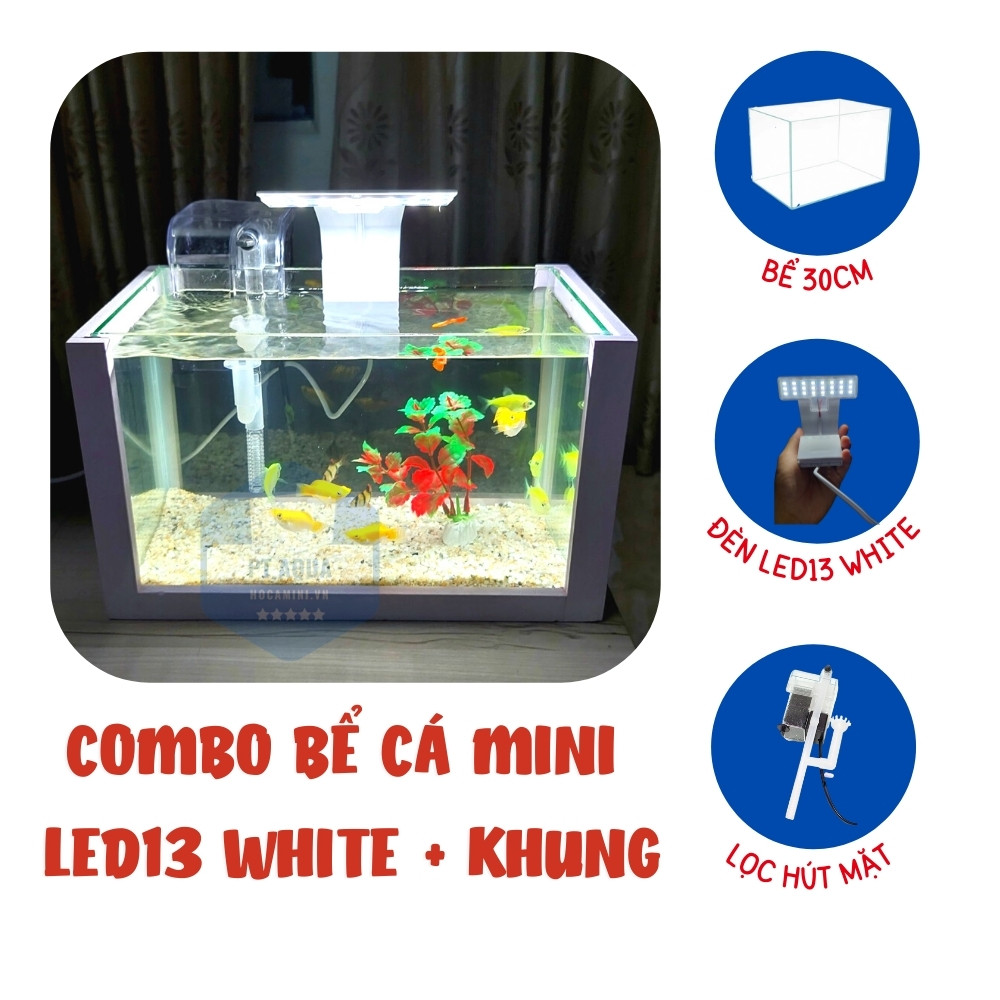Bể cá mini để bàn FULL COMBO LED13 WHITE đầy đủ hồ lọc đèn + KHUNG   