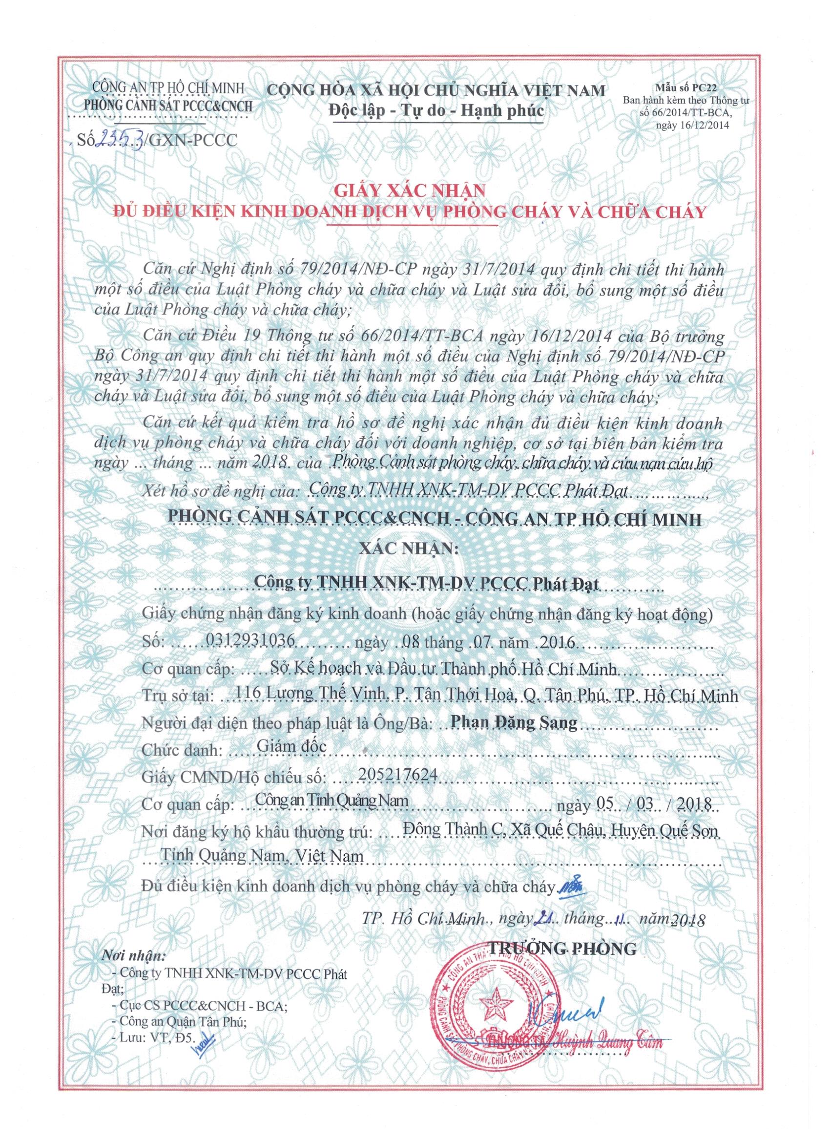giấy chứng nhận đủ điều kinh doanh phòng cháy chữa cháy