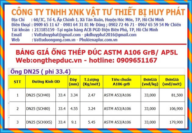 Bảng giá ống thép đúc phi 34 Bảng giá ống thép đúc phi 34