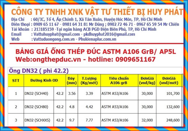 Bảng giá ống thép đúc phi 42 Bảng giá ống thép đúc phi 42