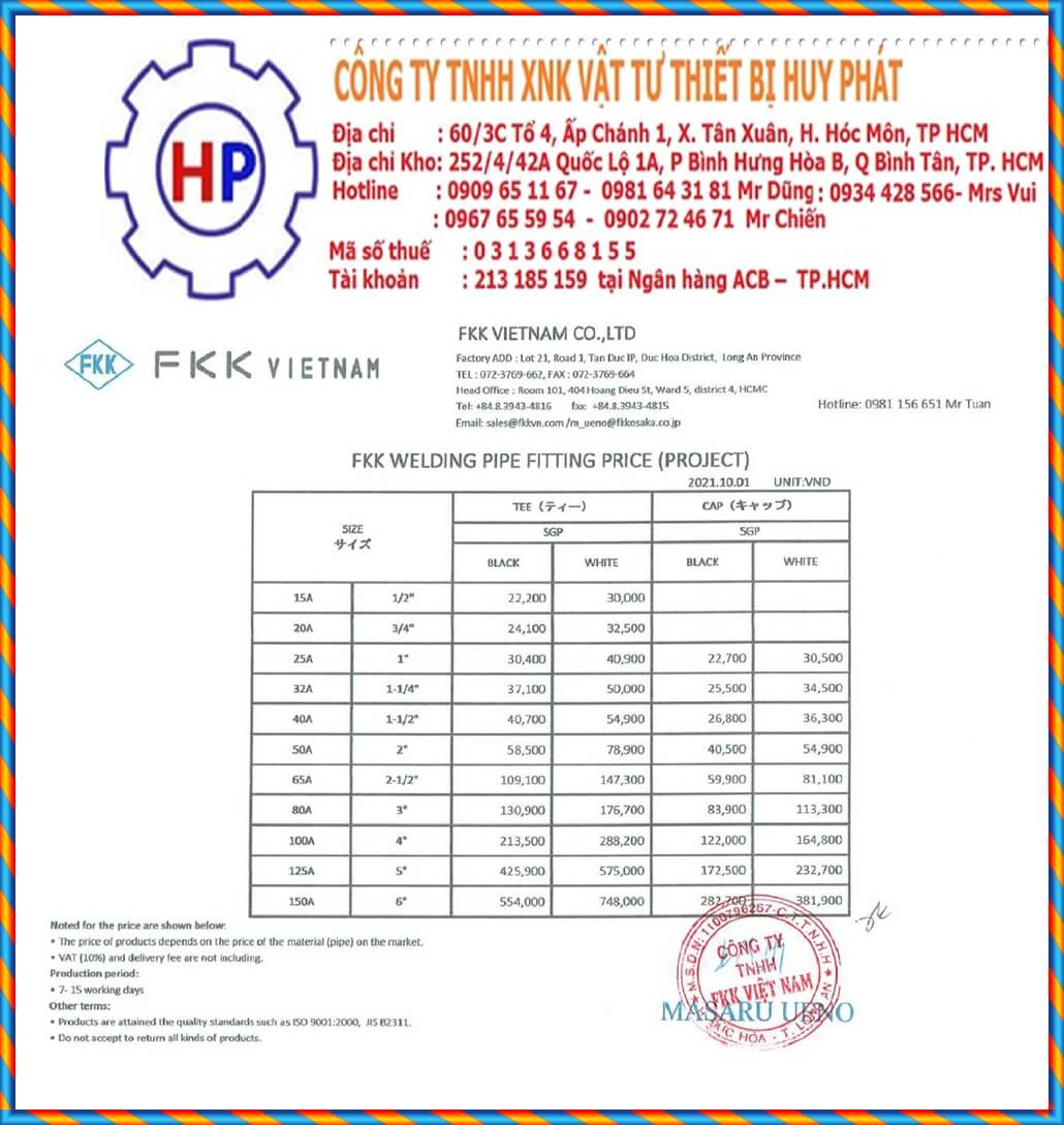 Bảng giá phụ kiện hàn FKK Bảng giá phụ kiện hàn FKK