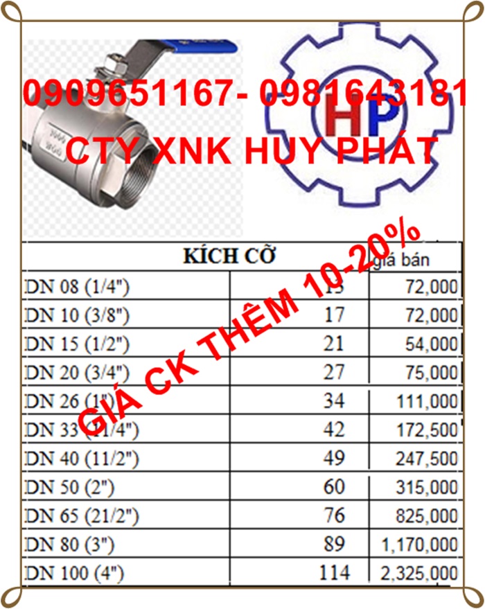 Bảng giá van bi ren inox 304 Bảng giá van bi ren inox 304|