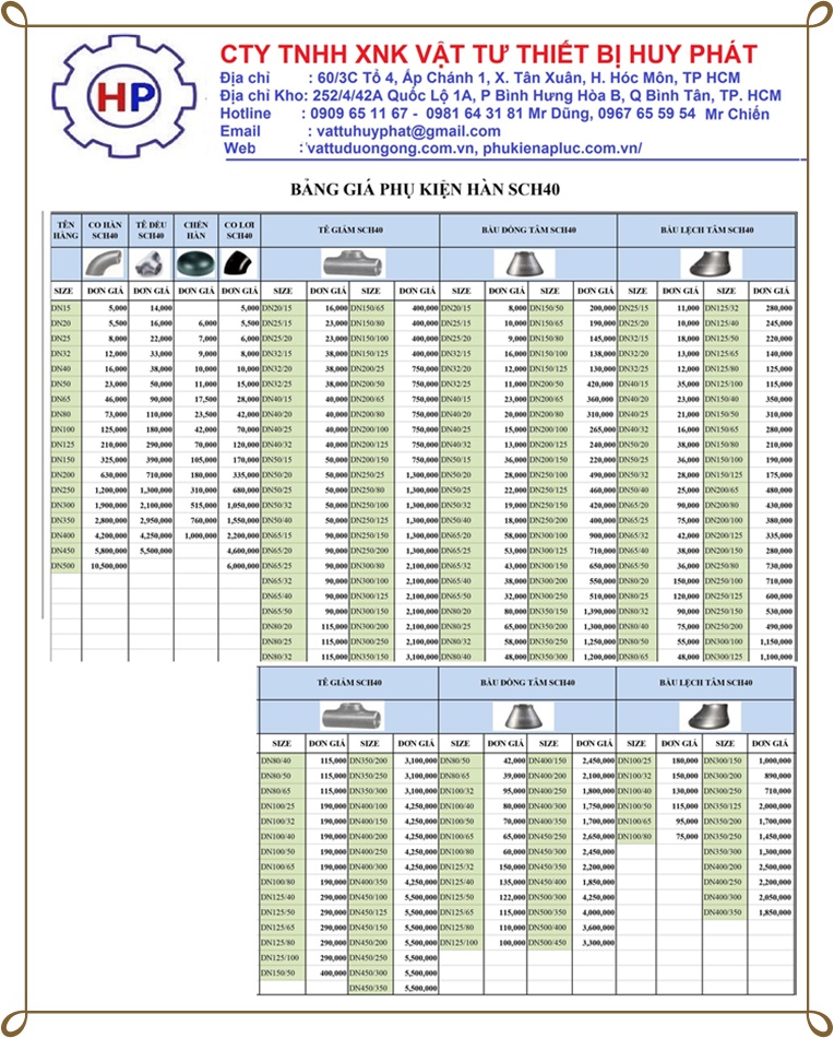Bảng giá phụ kiện SCH40 Bảng giá phụ kiện SCH40|