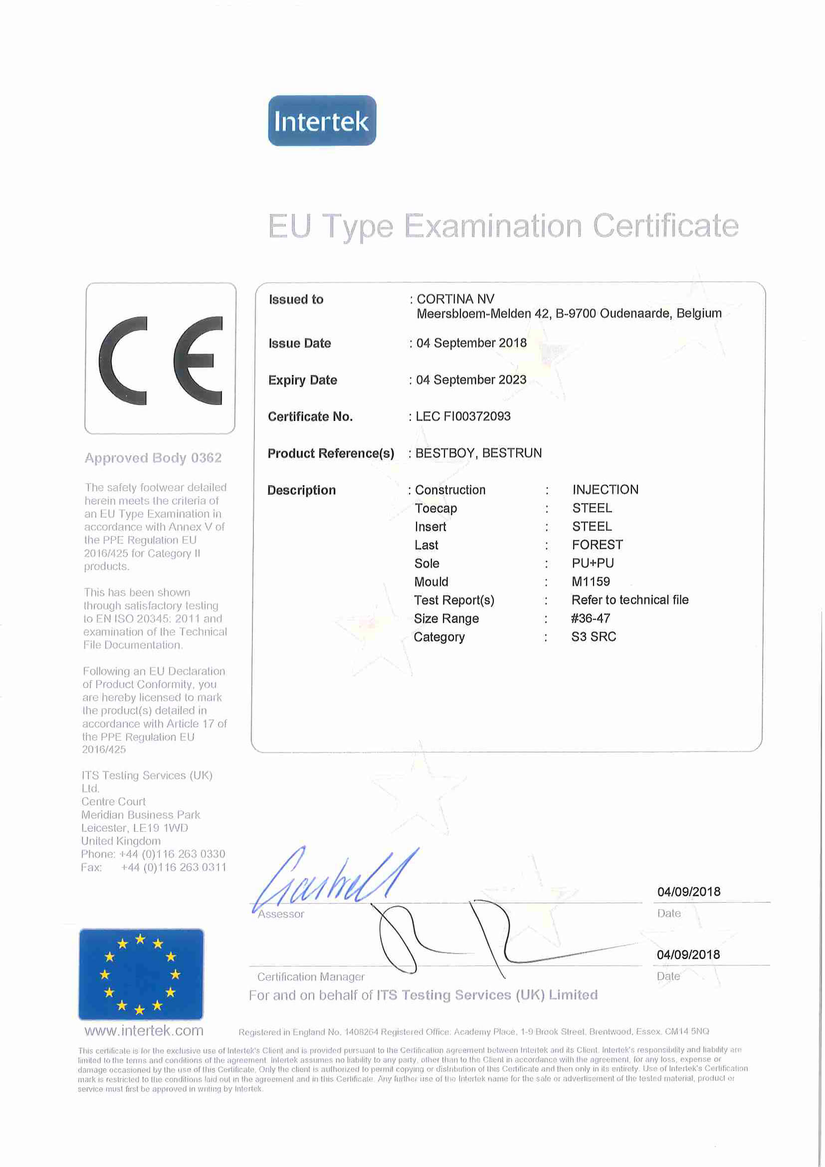 Chứng chỉ chất lượng giày jogger Bestrun S3