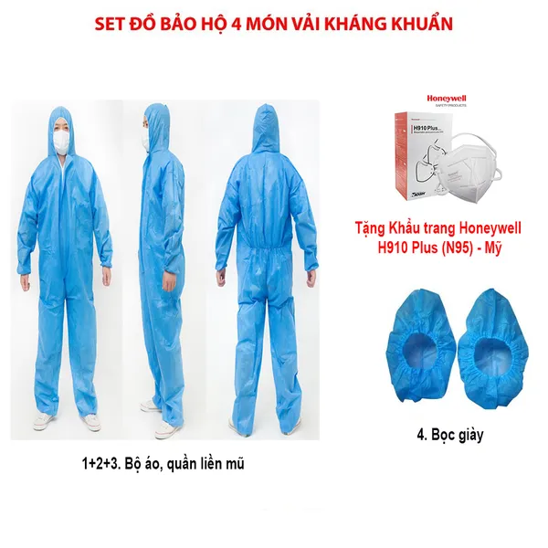 Quần Áo Phòng Dịch 4 Món Kháng Khuẩn Gồm: Áo Quần Liền Mũ + Bọc Giày + Khẩu Trang