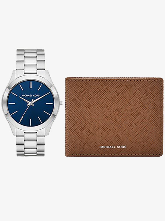 Đồng hồ nam Michael Kors MK1060SET Slim Runway Three-Hand Stainless Steel Watch and Luggage Saffiano Leather Wallet Set