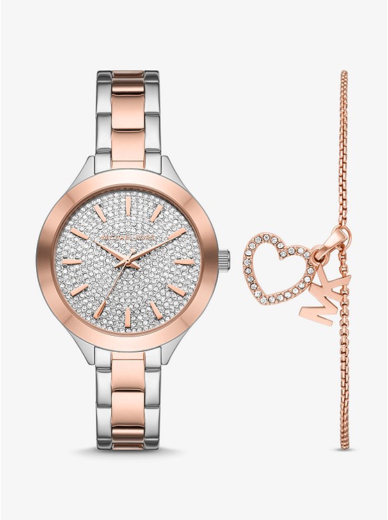 Đồng hồ nữ Michael Kors MK1045 Pavé Two-Tone Watch and Heart Bracelet Set