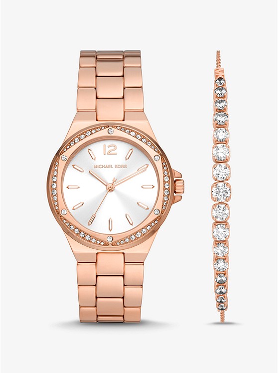 Đồng hồ Michael Kors MK1053SET Lennox Pavé Rose Gold-Tone Watch and Bracelet  Gift Set