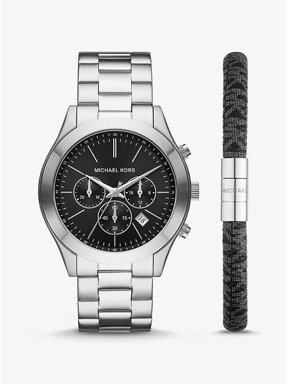 Đồng hồ nam Michael Kors MK1056SET Oversized Slim Runway Silver-Tone Watch And Logo Bracelet Set