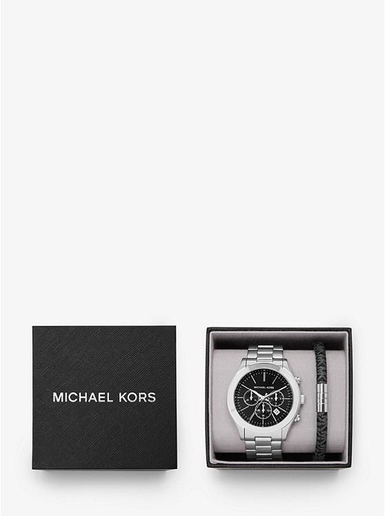 ĐỒNG hồ Nam Michael Kors MK1056SET Oversized Slim Runway Silver-Tone Watch  And Logo Bracelet Set
