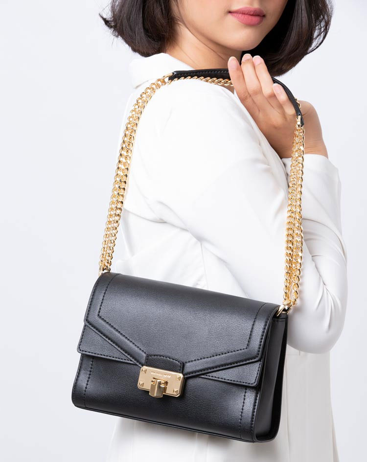 Giỏ xách đeo vai nữ Michael Kors hàng hiệu Kinsley Medium Flap Shoulder  Vanilla Brown Bag