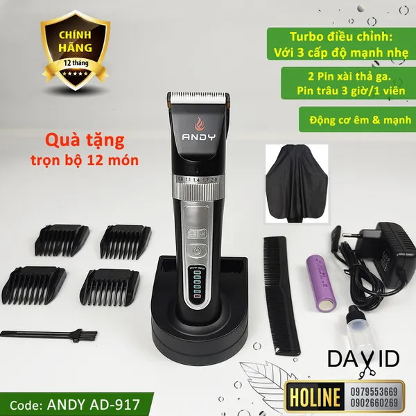 Tông đơ cắt tóc Andy AD-917 pin siêu lâu, turbo có 3 cấp độ