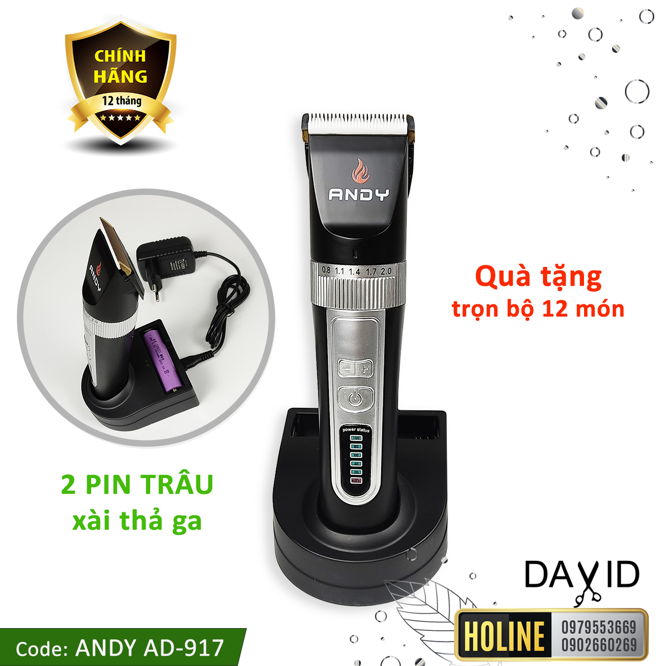 Tông đơ cắt tóc Andy AD-917 pin siêu lâu, turbo có 3 cấp độ Tông đơ cắt tóc Andy AD-917 pin siêu lâu, turbo có 3 cấp độ