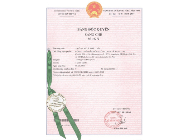 BẰNG SÁNG CHẾ THIẾT BỊ XỬ LÝ NƯỚC THẢI MGB