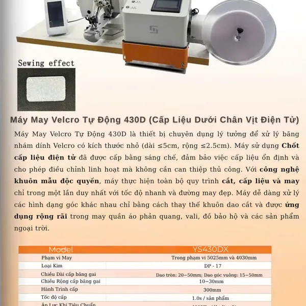 Máy May Velcro Tự Động 430D (Cấp Liệu Dưới): Hoàn Hảo cho Velcro Kích Thước Nhỏ và Đường May Chính Xác