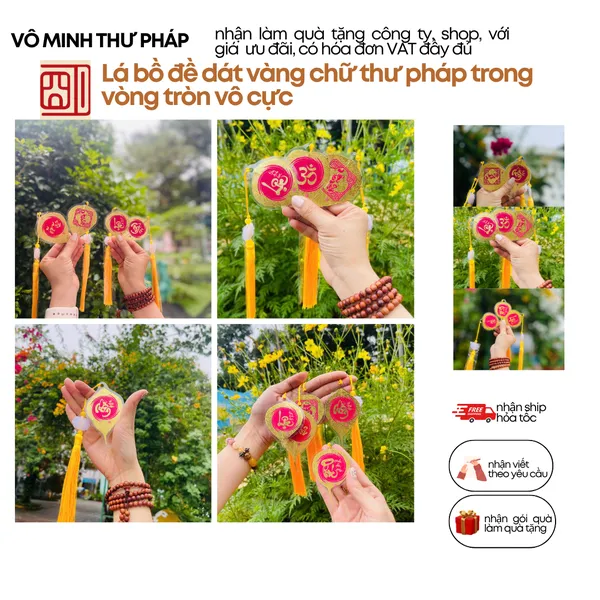 Lá Bồ Đề Dát Vàng Chữ Thư Pháp BÌNH AN Phù Hợp Làm Treo Xe Ốp Lưng Điện Thoại Nhà Cửa