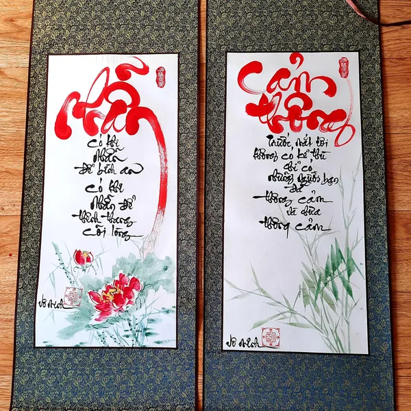 Liễn thư pháp 1 cặp chữ NHẪN-CẢM THÔNG
