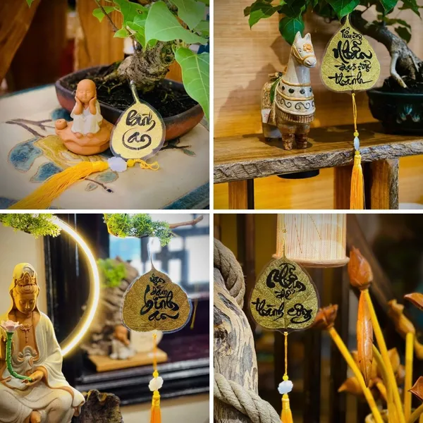 Lá bồ đề dát vàng viết tay chữ thư pháp chữ TIỂU SỰ NHẪN ĐẠI SỰ THÀNH có ép plastic bảo vệ trang trí nhà cửa decor ốp lưng treo xe size lớn