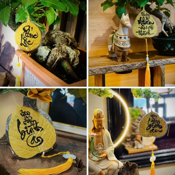 Lá bồ đề dát vàng viết tay chữ thư pháp chữ TIỂU SỰ NHẪN ĐẠI SỰ THÀNH có ép plastic bảo vệ trang trí nhà cửa decor ốp lưng treo xe size lớn