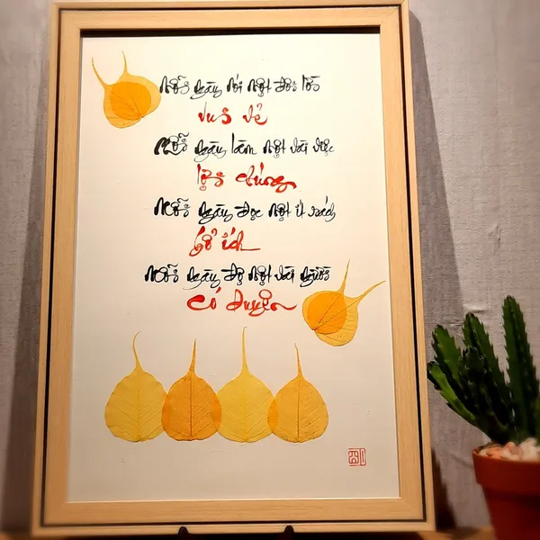 Thư pháp lá bồ đề chữ 4 ĐIỀU TÂM NIỆM MỖI NGÀY