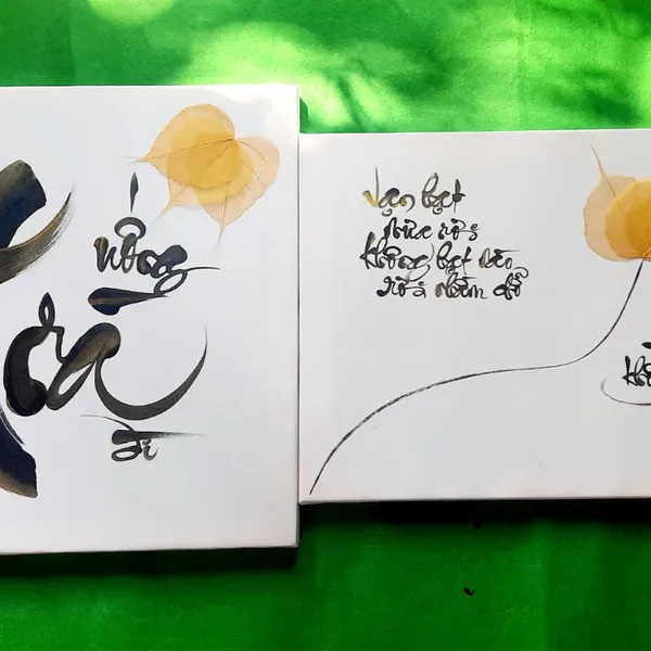 Thư pháp lá bồ đề VẠN HẠT MƯA RƠI 40x60 cm