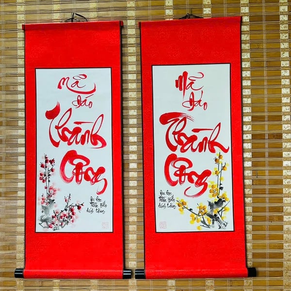 Liễn thư pháp 30x80 cm chữ PHÚC SINH PHÚ QUÝ nền giấy đỏ