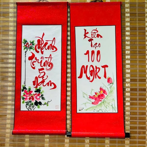 Liễn thư pháp 30x80 cm chữ PHÚC SINH PHÚ QUÝ nền giấy đỏ